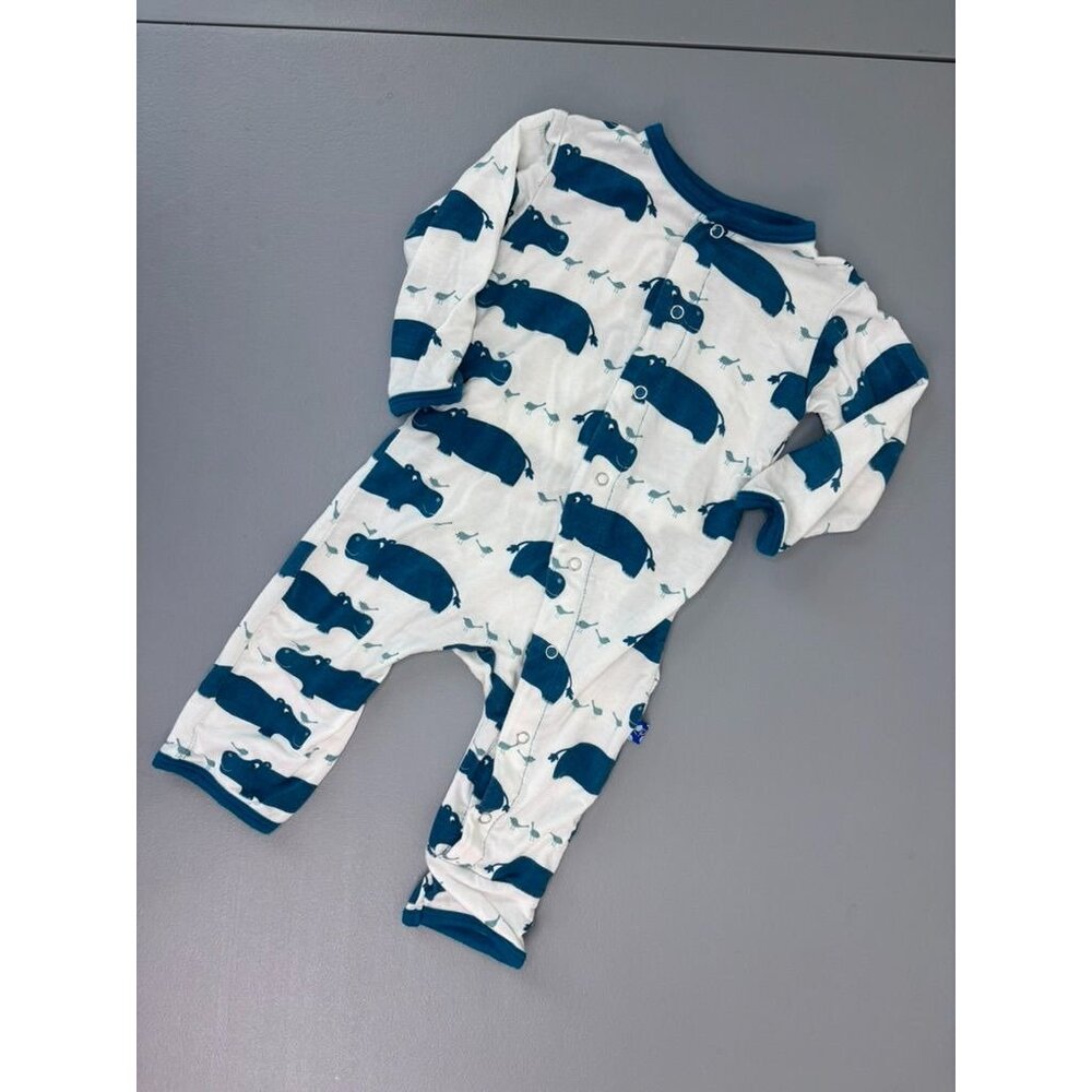 Kickee Pants 3-6 month baby one‎ piece blue white hippo footless sleeper